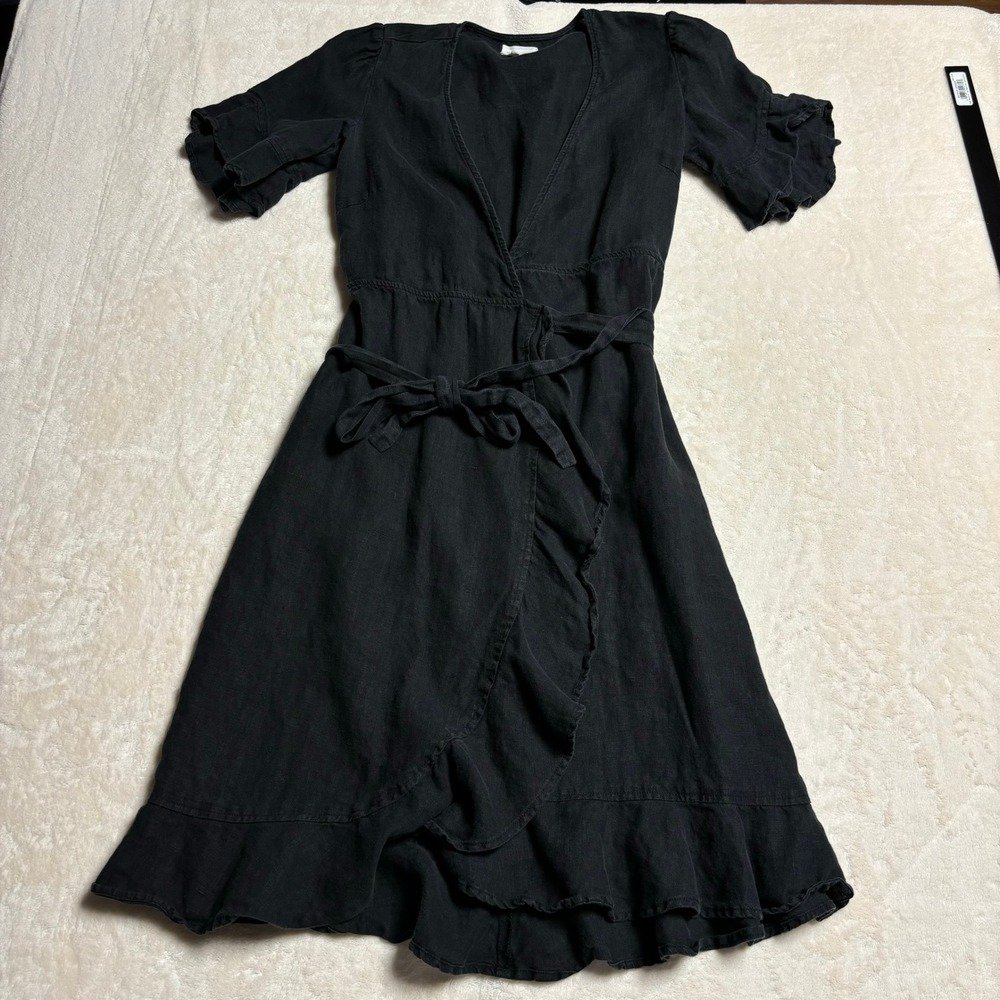 Honorine‎ Womens Charlotte Wrap Dress 100% Linen Size Small Black V Neck Ruffles